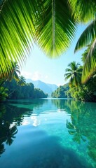Palm fronds above the tranquil waters of a lake, scenery, tropical