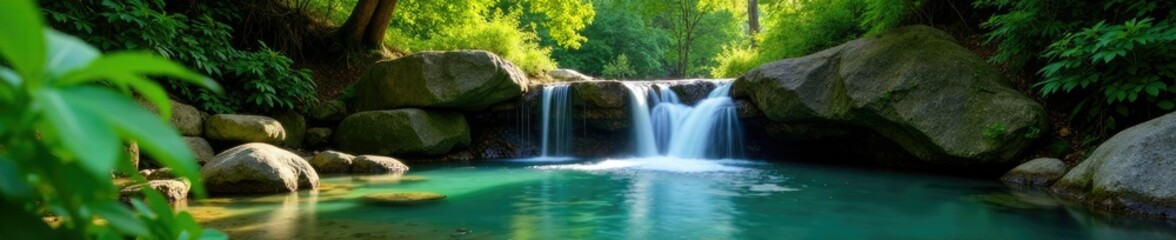 Small waterfall cascades into a crystal-clear pool amidst lush greenery, forest, serene