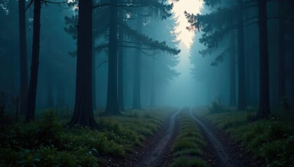 Fototapeta premium Smoke fills the air as a lone spotlight shines on a forest path, misty, rugged