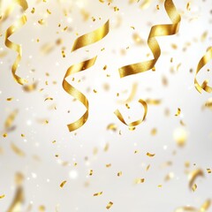 Golden confetti and ribbons falling on white background. (1)