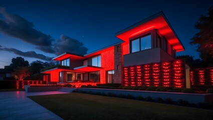 The luxury house decorated with red lights at night