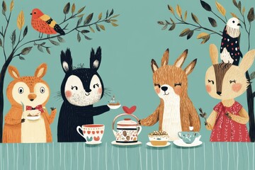 Woodland Creatures Enjoying Afternoon Tea Together