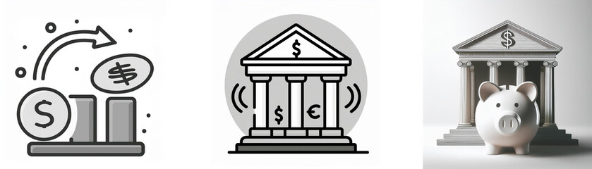 Financial growth is depicted through rising bar graphs, a coin, and a bank building.  A piggy bank symbolizes savings.