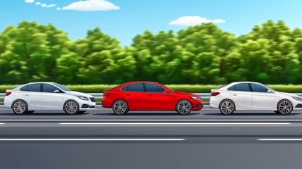 Fototapeta premium Three sedans driving on a highway amidst lush green trees
