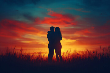 A family hugging tightly, silhouettes against a vibrant sunset. A powerful image of family unity and love.