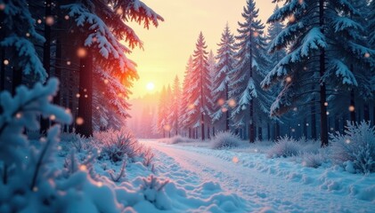 The soft glow of dawn breaks over the icy landscape of the forest as snowflakes gently fall, calming scene, forest, frost