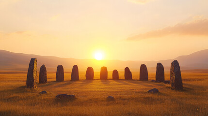 Ancient stones stand silhouetted against a vibrant sunset, casting long shadows across a golden field. A breathtaking scene of serenity and mystery.