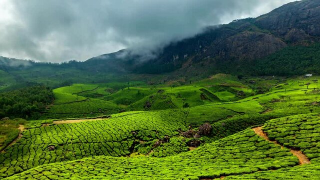 Scenic view of tea plantations in Munnar, Kerala, India, with vibrant green fields covering rolling hills. Misty mountains and a serene atmosphere enhance the natural beauty of this famous tea-growing