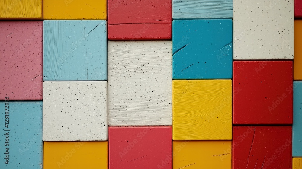 Poster bright geometric blocks on colorful background with irregular patterns