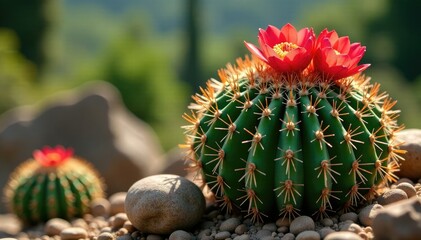 Prickly barrel cactus with blooming red flowers, greenery, plant life