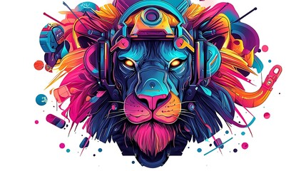 Colorful lion illustration with headphones and vibrant elements, showcasing a blend of music and art