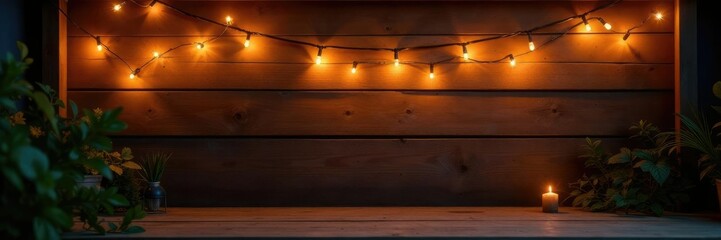 Twinkling string lights in front of a wooden wall, cozy space, nature scenery