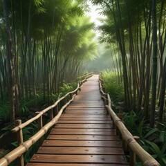 Quiet wooden walkway amidst thick bamboo forest, Summer, Habitat, Eco
