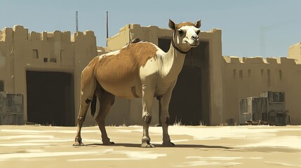 Dromedary Camel Standing Before a Desert Fortress