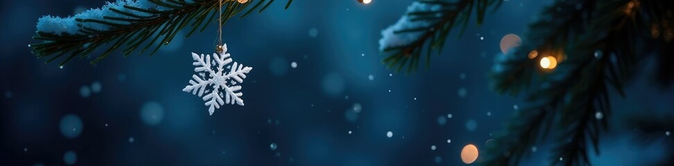 Fototapeta premium A single large snowflake gently falls onto a Christmas tree branch in the darkness of night, snowflake, night, darkness