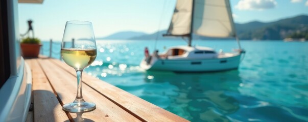Obraz premium A sleek sailboat glides effortlessly through crystal clear waters, a glass of crisp white wine waits on a wooden deck, luxury, clarity, water