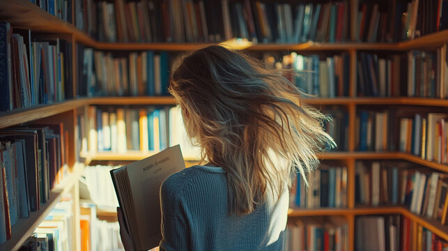 A bookshelf, colorful book, a full of book in a room. A situation warm light, A girl wearing gray dress with grab her hair, blue eyes, once hand hold a book, her face on camera 