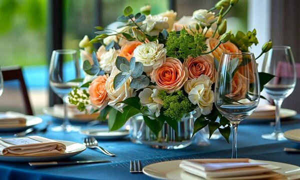 Elegant floral arrangement in a dining setting, with soft lighting and a serene background
