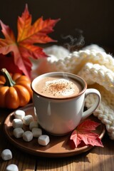 Aromatic autumnal beverage with marshmallows and fall leaves on a rustic wooden surface