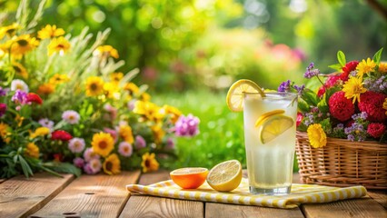 refreshing lemonade drink on a wooden picnic table surrounded by colorful flowers and lush greenery, sunshine, outdoor