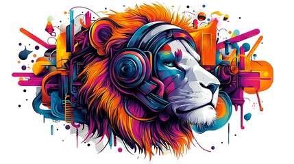 Colorful lion with headphones amidst vibrant abstract shapes and graffiti-style background