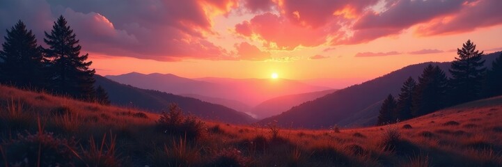 A tranquil orange and peach hue settles over the landscape at dusk, landscape, peaceful, evening
