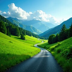A winding country road passes through a lush green valley, road, landscape, scenery