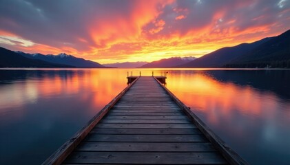 Fototapeta premium A wooden pier stretches into Flathead Lake under a warm sunset, water, reflection,