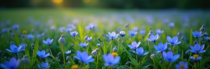 Fototapeta premium Dark blue forget me nots in a field of wildflowers, garden, field