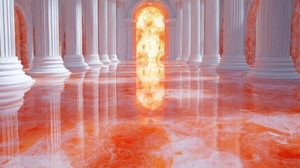 White Columns Frame Fiery Portal In Grand Hall