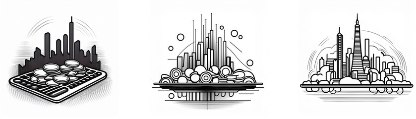 Three grayscale illustrations depict stylized cityscapes on platforms, showcasing varying architectural styles and urban density.