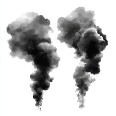 Two realistic black smoke plumes isolated on white background.