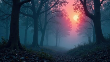 Dark mist rises from a mystical forest at dusk, fog, eerie