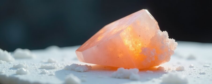 Dark peach moonstone crystal formation on a white surface, gem, mineral