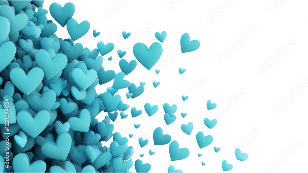 Poster cyan hearts arrangement, a diagonal display of various sized cyan hearts on a transparent background