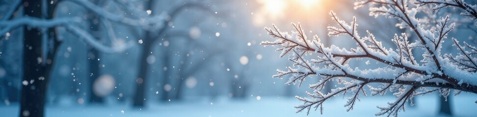 Frosty trees branches with snowflakes falling around them, cold weather, frost, snowflake