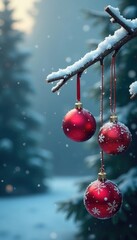 Frosty tree branch with snowflakes and glittering ornaments, ornaments, snowy