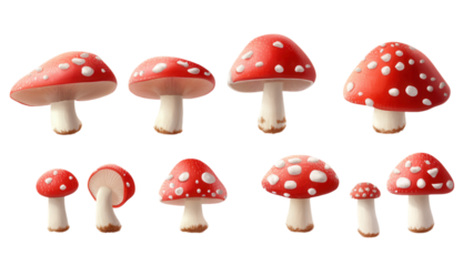 Vibrant cartoon mushrooms, red caps with white spots, whimsical design, playful aesthetic, suitable for various creative projects