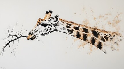 A giraffe gracefully reaching for a branch, with a white background