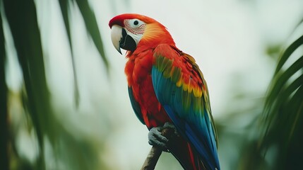 Fototapeta premium A parrot perched on a branch, colorful feathers contrasting against a white background