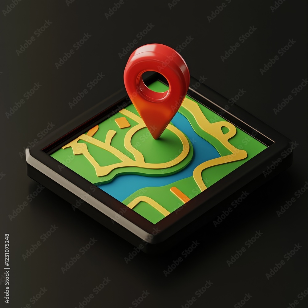 Poster 3d render of a red location pin on a simplified map.