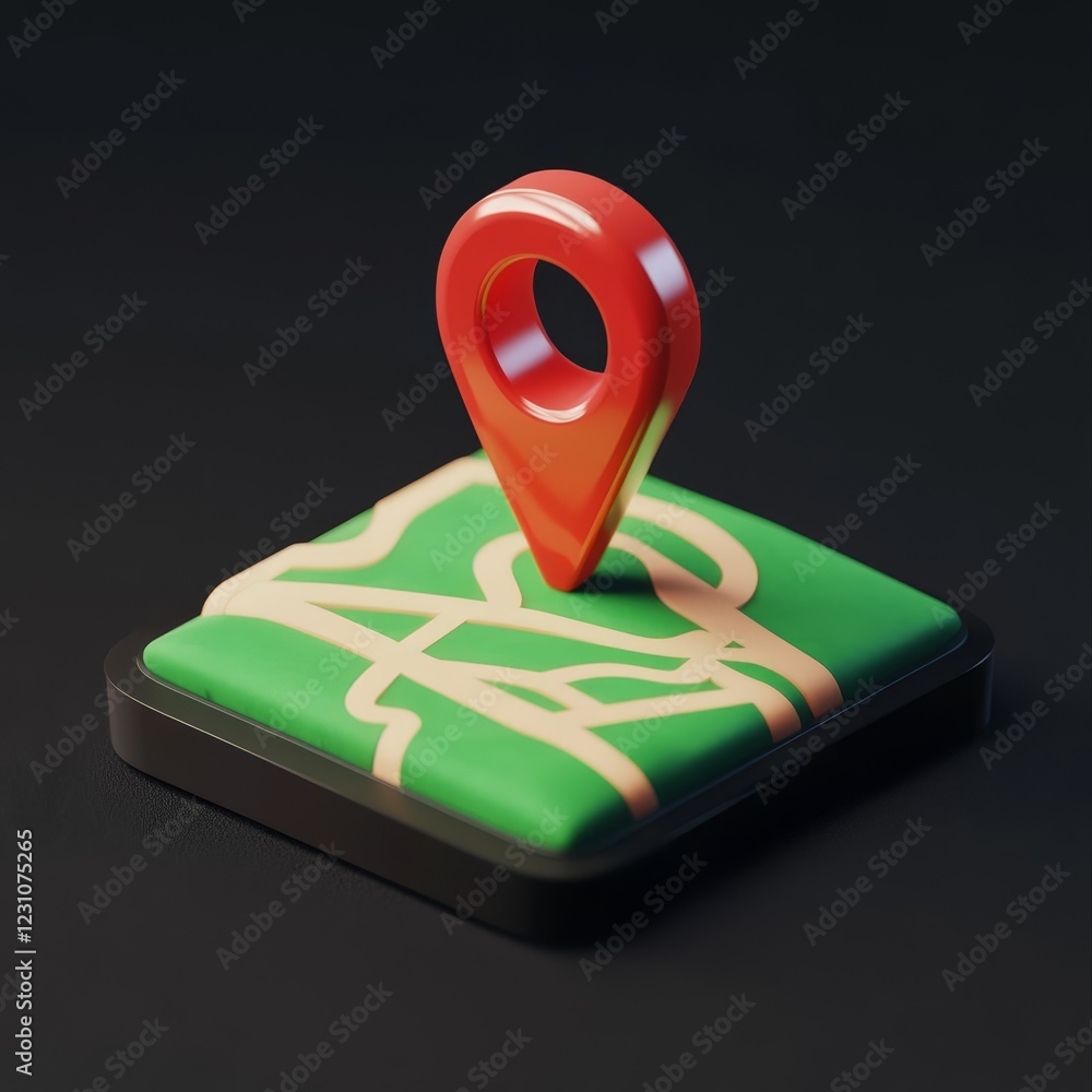 Aufkleber 3d rendering of a red location pin on a green map.
