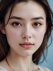 Naklejka premium A close-up portrait of a young woman with a soft expression set against a plain light blue background