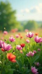 Fototapeta premium Gentle breeze rustling leaves of blooming flowers in a field, blooms, blossoms