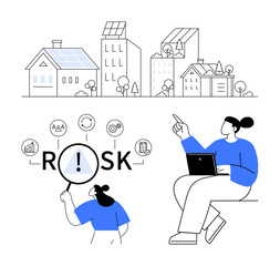 Woman working on laptop pointing at sustainable buildings, magnifying glass on Risk, icons of data, finance, gears, and teamwork. Ideal for business, environment, risk sustainability