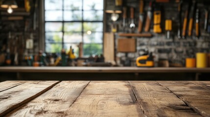 Naklejka premium Rustic wooden table against blurred workshop background. Perfect for product display, DIY, or carpentry themes.