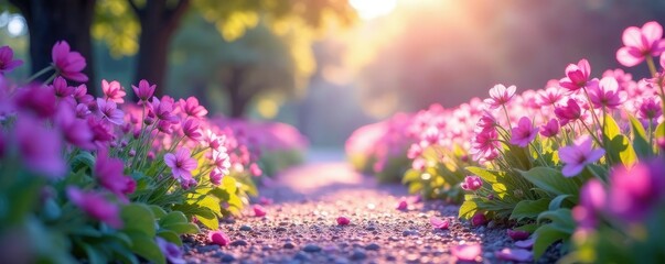 Gentle transition of deep violet to pastel pink on a serene garden path, garden path, gradient background