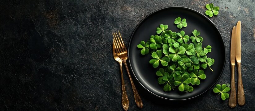 Shamrocks on plate, gold cutlery, dark background