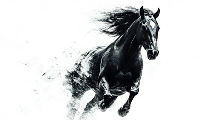 A horse running freely with its mane flowing in the wind, set against white
