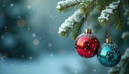 Glass baubles suspended from delicate pine twigs, snowflakes, twigs, decoration